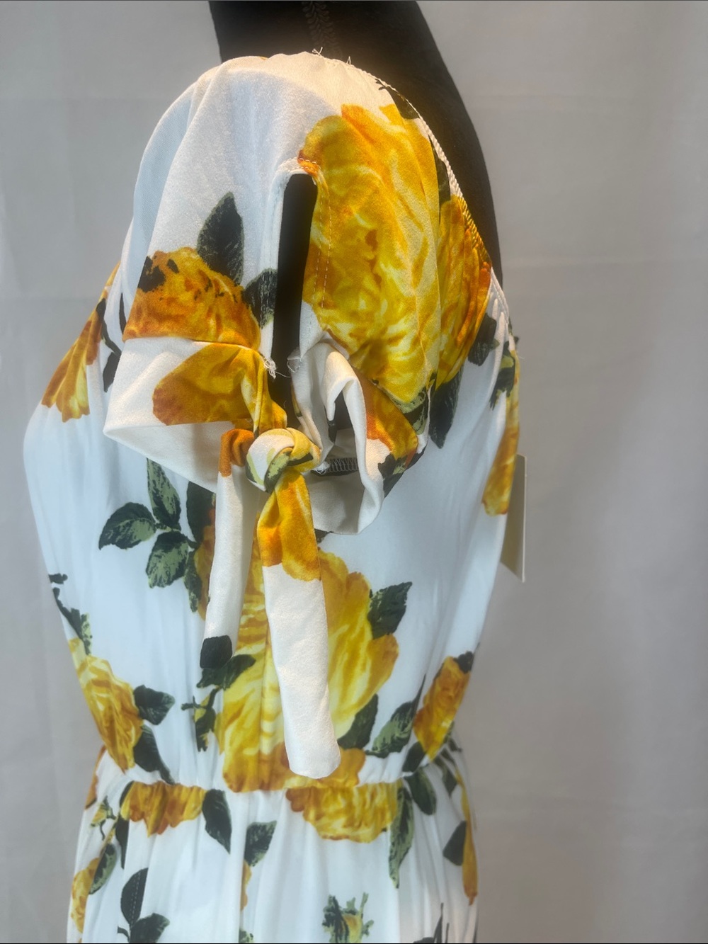 Vibe White Maxi Dress with Yellow Rose Print and Tie Sleeves - Picture 9 of 13